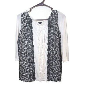 Ann Taylor sz M Cream & Black Lace Shirt 3/4 Sleeve New Work Wear Pleated